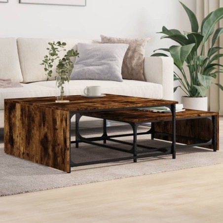 vidaXL Mesas de centro apilables 2 pzas madera y metal roble ahumado