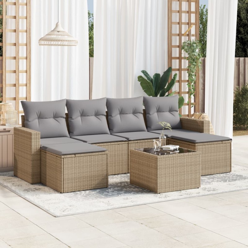vidaXL Set sofás de jardín 7 piezas y cojines ratán sintético beige vidaXL Set sofás de jardín 7 piezas y cojines ratán sintético beige