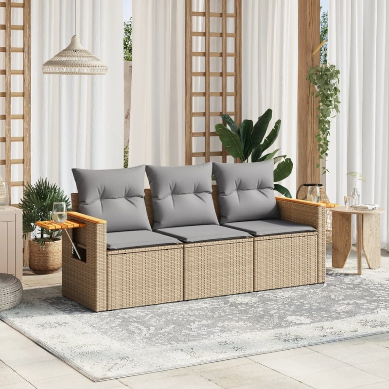 vidaXL Juego de sofás de jardín con cojines beige 3 pzas ratán PE