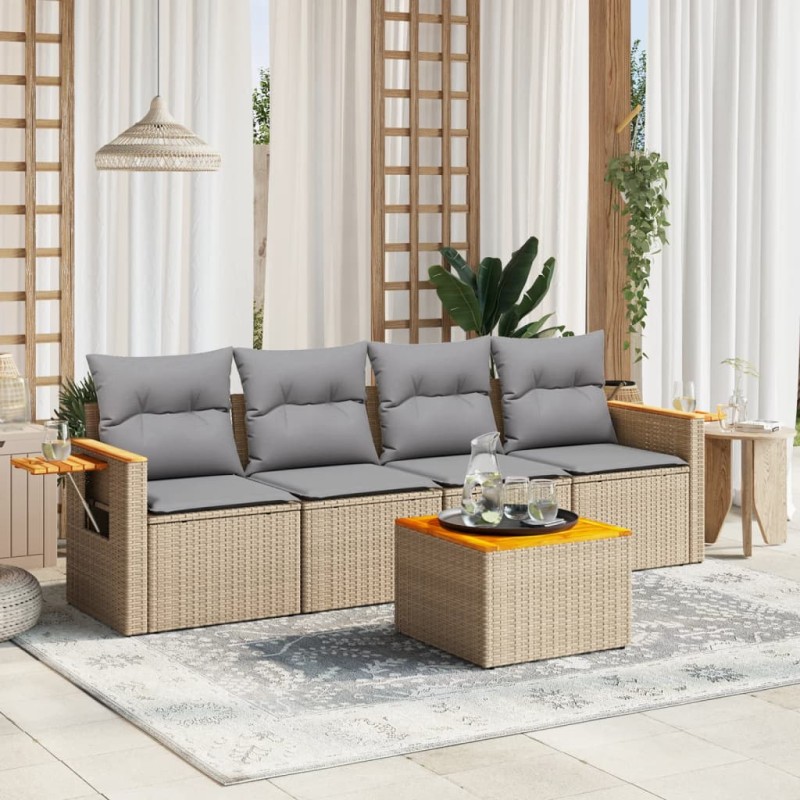 vidaXL Juego de sofás jardín con cojines 5 pzas ratán sintético beige vidaXL Juego de sofás jardín con cojines 5 pzas ratán sintético beige