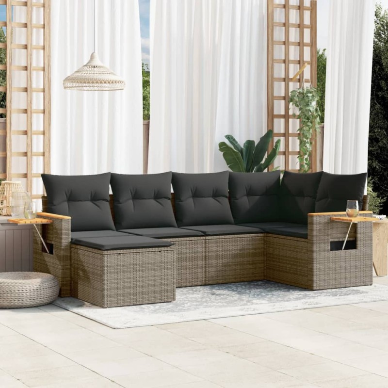 vidaXL Set de muebles de jardín 6 pzas y cojines ratán sintético gris vidaXL Set de muebles de jardín 6 pzas y cojines ratán sintético gris