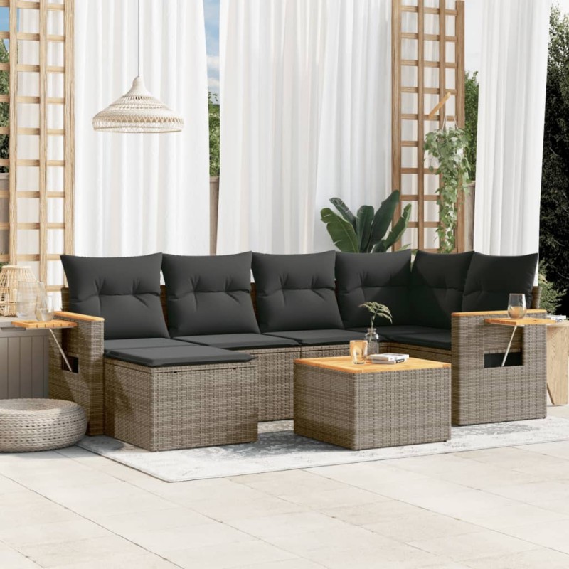 vidaXL Set de sofás de jardín 7 piezas con cojines ratán PE gris vidaXL Set de sofás de jardín 7 piezas con cojines ratán PE gris