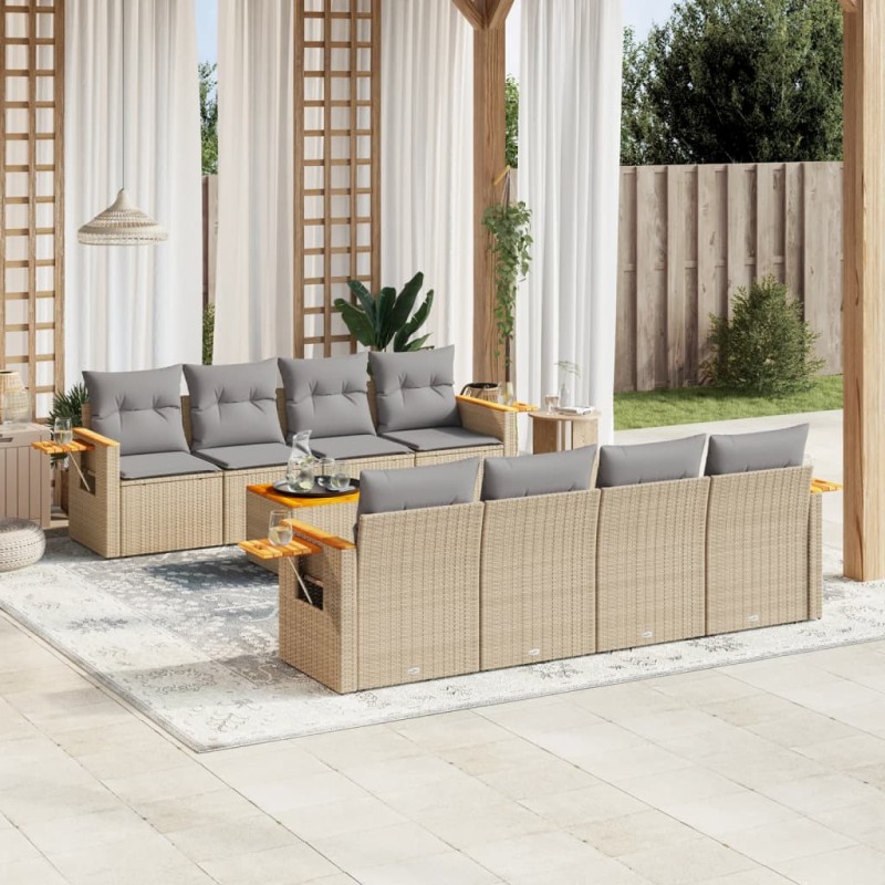vidaXL Set de sofás de jardín 9 pzas con cojines ratán sintético beige