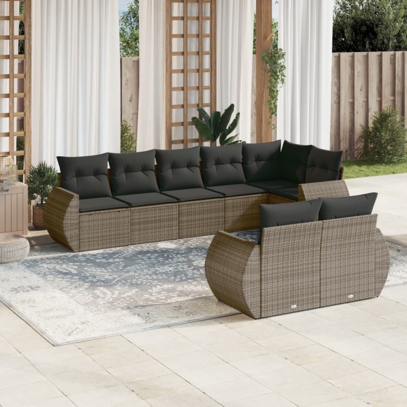 vidaXL Set de sofás de jardín 8 pzas y cojines ratán sintético gris vidaXL Set de sofás de jardín 8 pzas y cojines ratán sintético gris