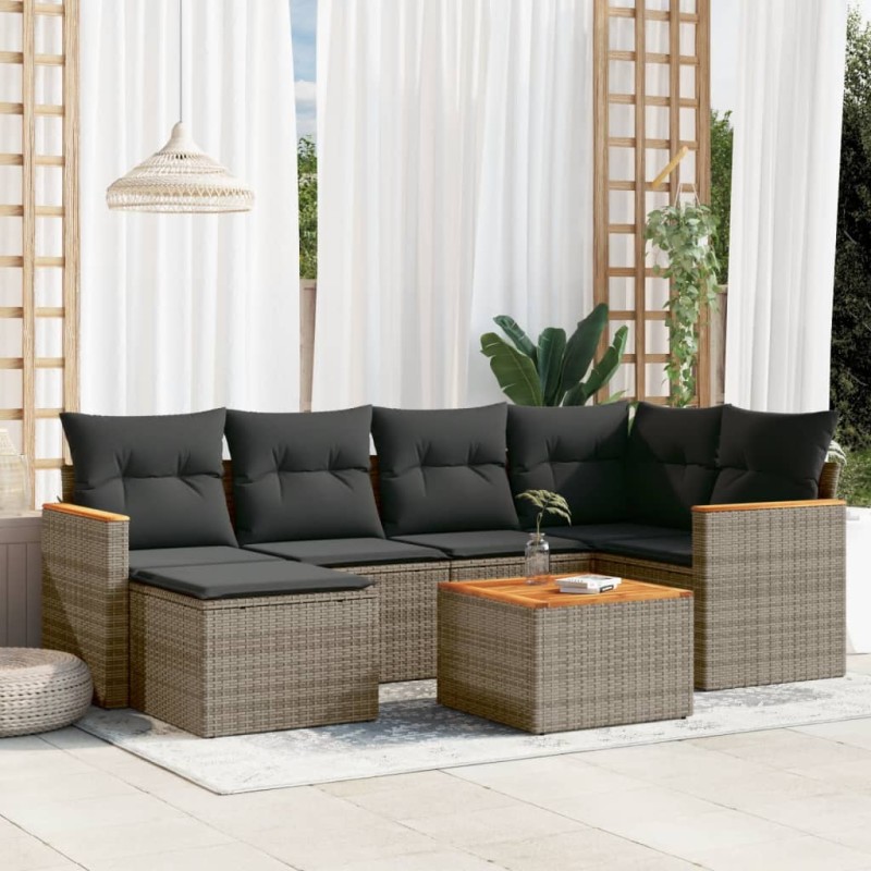 vidaXL Set de sofás de jardín 7 piezas con cojines ratán PE gris vidaXL Set de sofás de jardín 7 piezas con cojines ratán PE gris