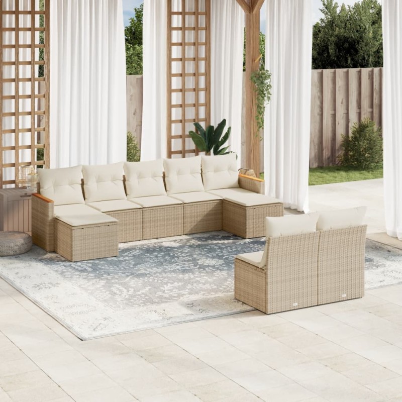 vidaXL Set de sofás de jardín 9 pzas con cojines ratán sintético beige vidaXL Set de sofás de jardín 9 pzas con cojines ratán sintético beige
