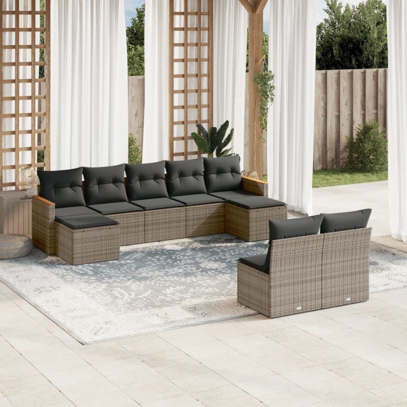 vidaXL Set de muebles de jardín 9 pzas y cojines ratán sintético gris vidaXL Set de muebles de jardín 9 pzas y cojines ratán sintético gris