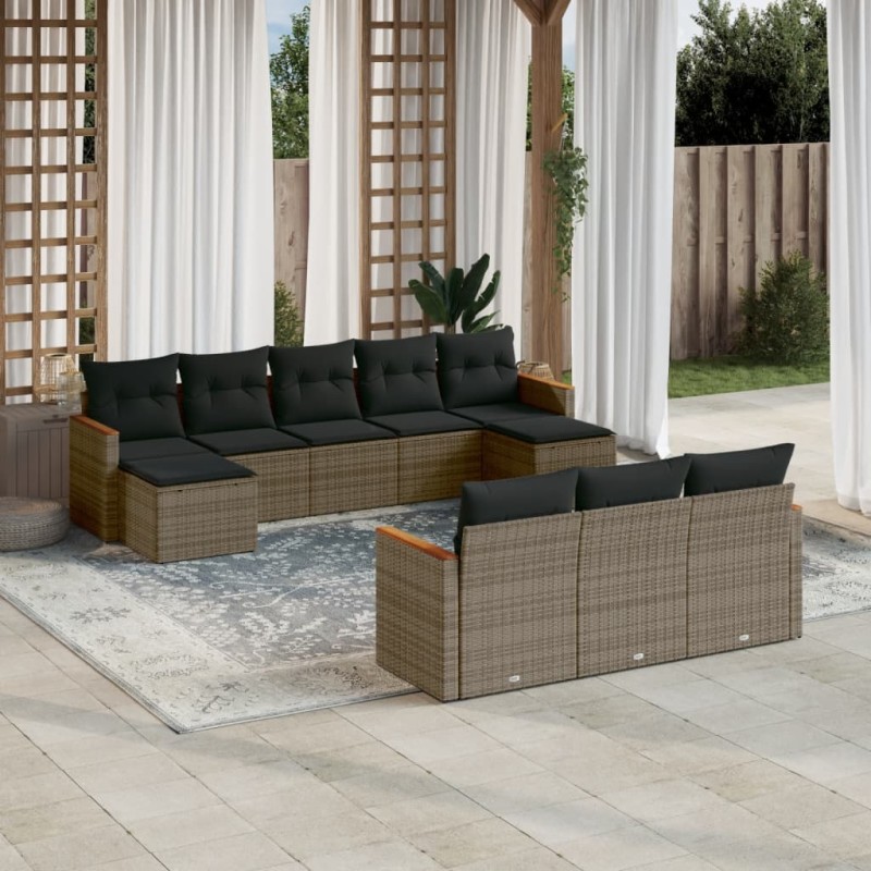 vidaXL Set de sofás de jardín 10 pzas con cojines ratán sintético gris vidaXL Set de sofás de jardín 10 pzas con cojines ratán sintético gris