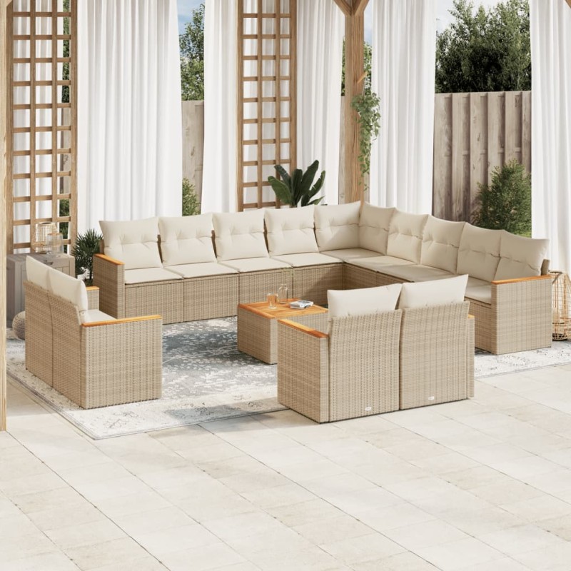 vidaXL Set sofás de jardín 14 pzas con cojines ratán sintético beige vidaXL Set sofás de jardín 14 pzas con cojines ratán sintético beige