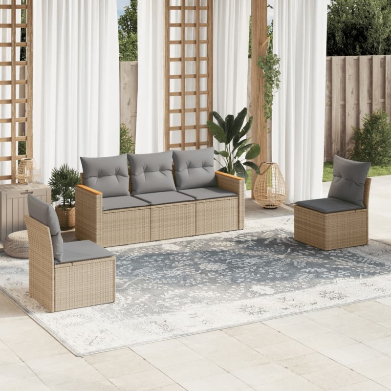 vidaXL Juego de sofás jardín con cojines 5 pzas ratán sintético beige vidaXL Juego de sofás jardín con cojines 5 pzas ratán sintético beige