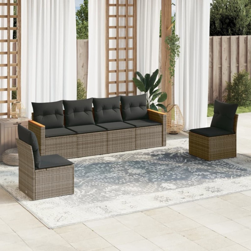 vidaXL Set de muebles de jardín 6 pzas y cojines ratán sintético gris vidaXL Set de muebles de jardín 6 pzas y cojines ratán sintético gris