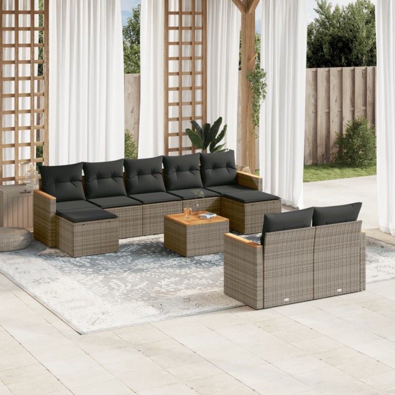 vidaXL Set de sofás de jardín 10 pzas con cojines ratán sintético gris vidaXL Set de sofás de jardín 10 pzas con cojines ratán sintético gris