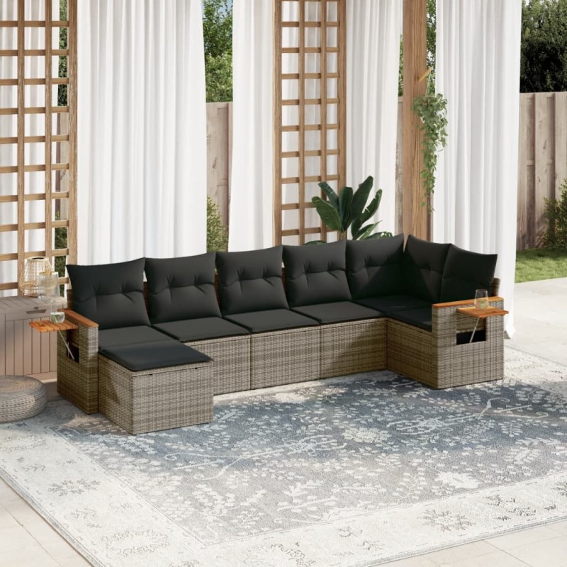 vidaXL Set de sofás de jardín 7 piezas con cojines ratán PE gris vidaXL Set de sofás de jardín 7 piezas con cojines ratán PE gris