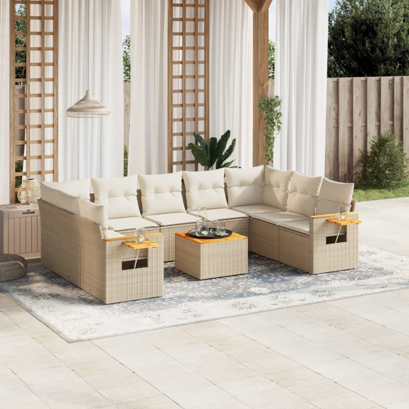 vidaXL Juego de sofás jardín con cojines beige 10 pzas ratán sintético