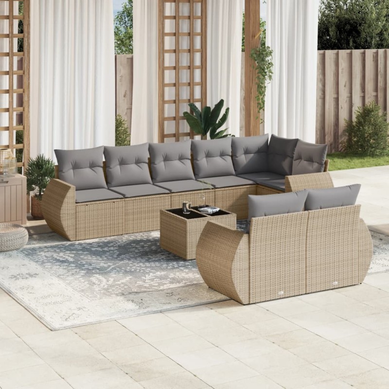 vidaXL Set de sofás de jardín 9 pzas con cojines ratán sintético beige vidaXL Set de sofás de jardín 9 pzas con cojines ratán sintético beige
