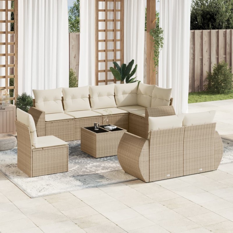 vidaXL Set de sofás de jardín 9 pzas con cojines ratán sintético beige vidaXL Set de sofás de jardín 9 pzas con cojines ratán sintético beige