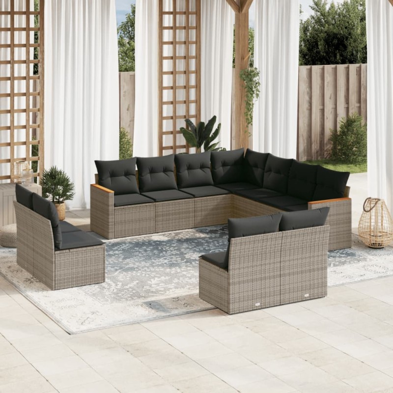 vidaXL Set de sofás de jardín 11 pzas y cojines ratán sintético gris vidaXL Set de sofás de jardín 11 pzas y cojines ratán sintético gris
