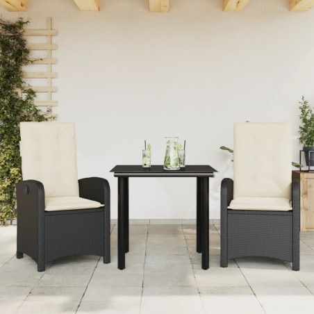 vidaXL Set comedor de jardín 3 pzas con cojines ratán sintético negro