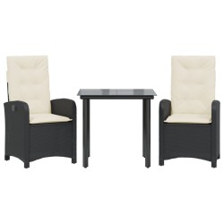 vidaXL Set comedor de jardín 3 pzas con cojines ratán sintético negro