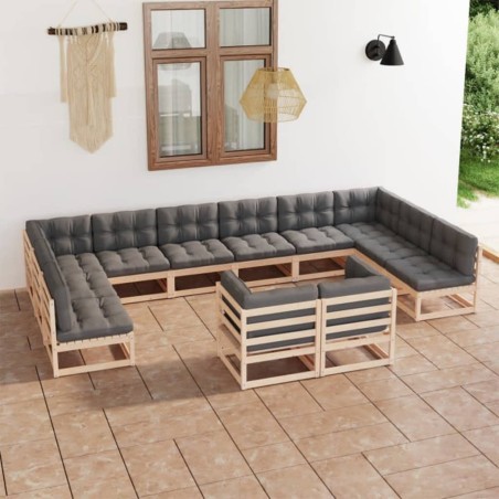 vidaXL Juego de muebles de jardín 12 pzas y cojines madera maciza pino