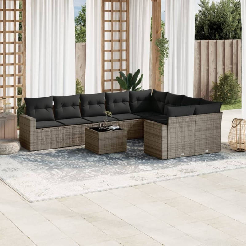 vidaXL Set de sofás de jardín 10 pzas con cojines ratán sintético gris vidaXL Set de sofás de jardín 10 pzas con cojines ratán sintético gris