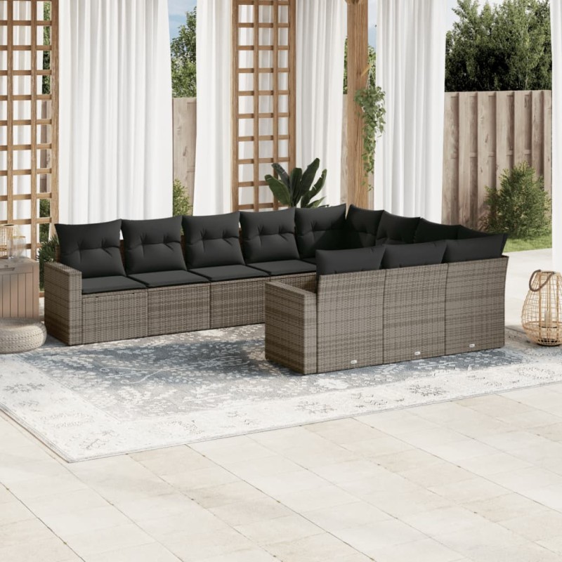 vidaXL Set de sofás de jardín 10 pzas con cojines ratán sintético gris vidaXL Set de sofás de jardín 10 pzas con cojines ratán sintético gris