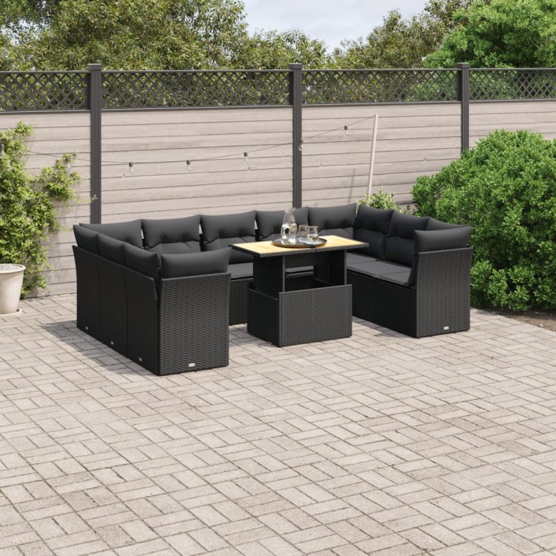 vidaXL Set de sofás de jardín 10 pzas cojines ratán sintético negro