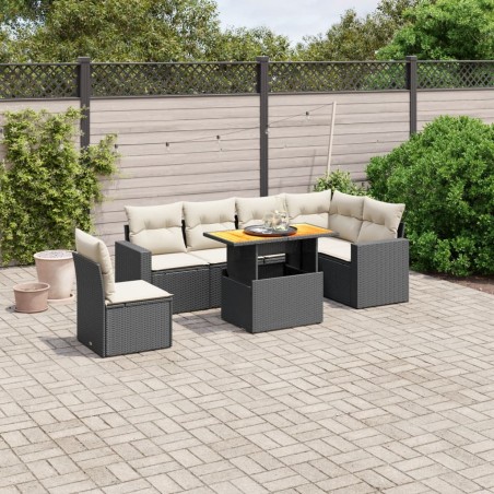 vidaXL Set de comedor de jardín 7 pzas y cojines ratán sintético negro
