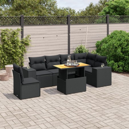 vidaXL Set de comedor de jardín 7 pzas y cojines ratán sintético negro