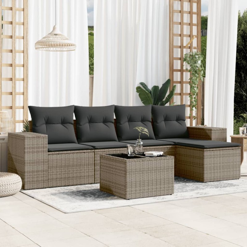 vidaXL Set de muebles de jardín 6 pzas y cojines ratán sintético gris vidaXL Set de muebles de jardín 6 pzas y cojines ratán sintético gris