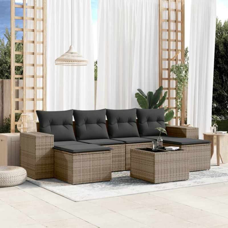 vidaXL Set de sofás de jardín 7 piezas con cojines ratán PE gris vidaXL Set de sofás de jardín 7 piezas con cojines ratán PE gris