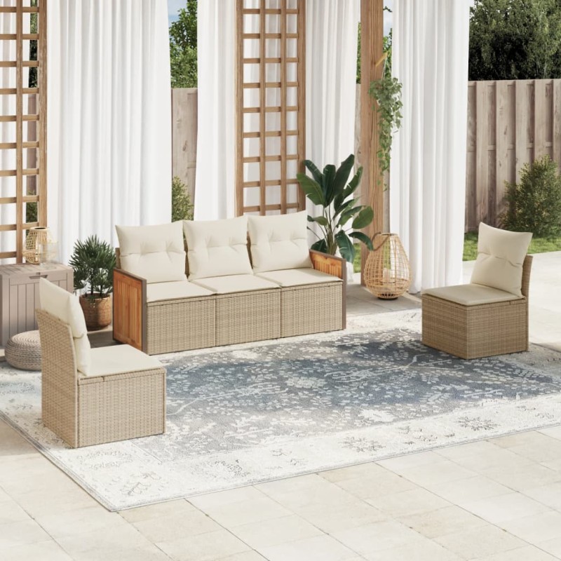 vidaXL Juego de sofás jardín con cojines 5 pzas ratán sintético beige vidaXL Juego de sofás jardín con cojines 5 pzas ratán sintético beige