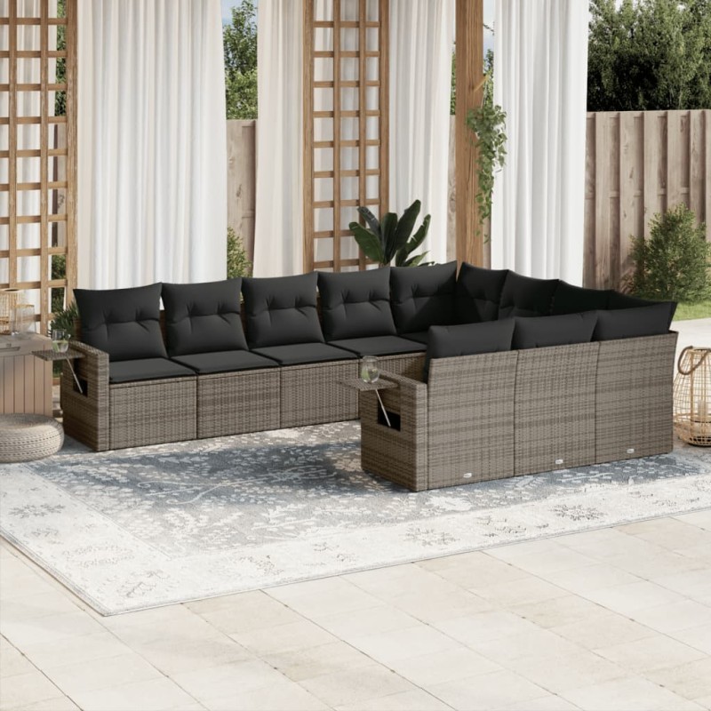vidaXL Set de sofás de jardín 10 pzas con cojines ratán sintético gris vidaXL Set de sofás de jardín 10 pzas con cojines ratán sintético gris