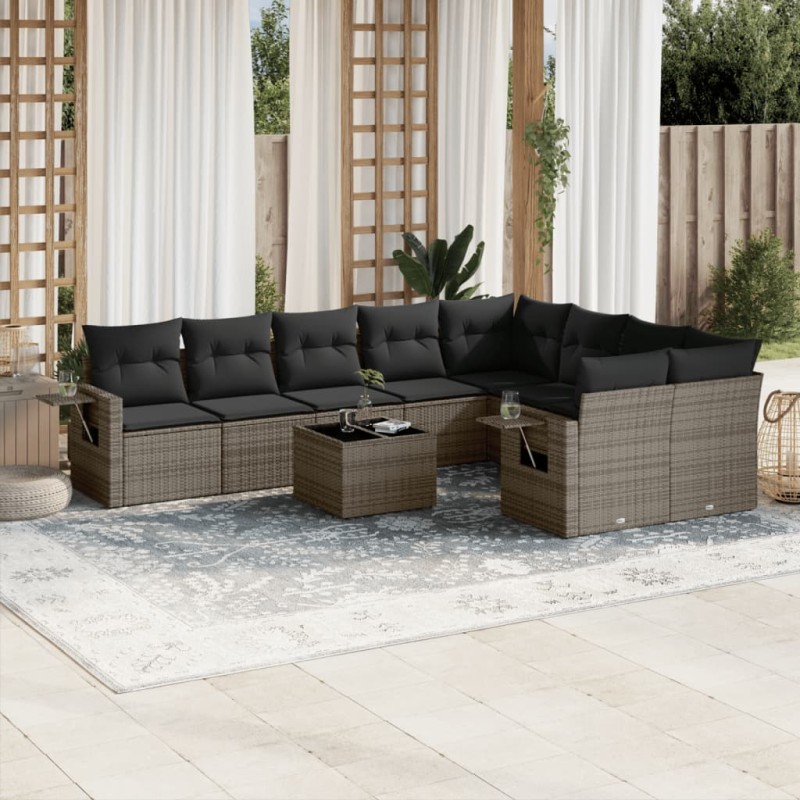 vidaXL Set de sofás de jardín 10 pzas con cojines ratán sintético gris vidaXL Set de sofás de jardín 10 pzas con cojines ratán sintético gris