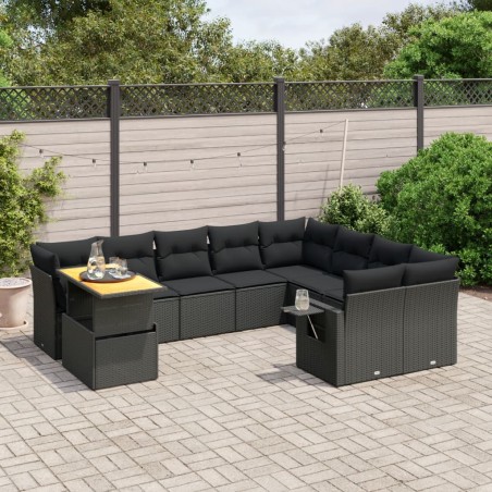 vidaXL Set de sofás de jardín 10 pzas cojines ratán sintético negro