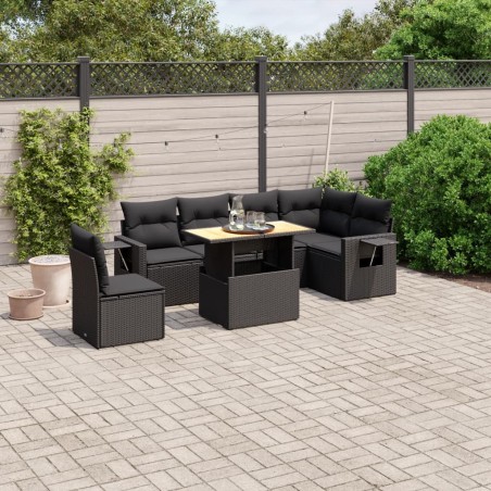 vidaXL Set de comedor de jardín 7 pzas y cojines ratán sintético negro