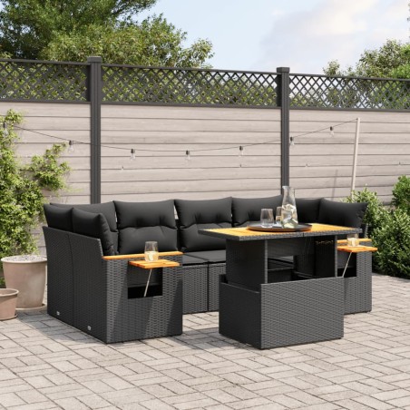 vidaXL Set de comedor de jardín 7 pzas y cojines ratán sintético negro