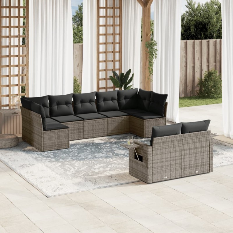 vidaXL Set de muebles de jardín 9 pzas y cojines ratán sintético gris