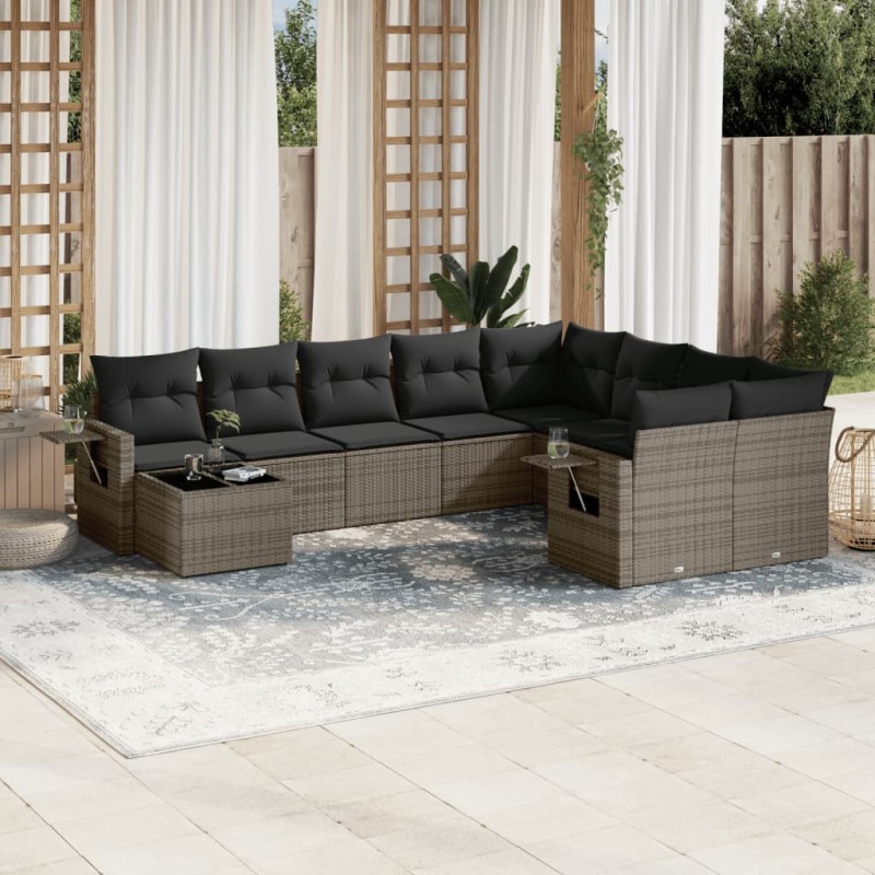 vidaXL Set de sofás de jardín 10 pzas con cojines ratán sintético gris vidaXL Set de sofás de jardín 10 pzas con cojines ratán sintético gris