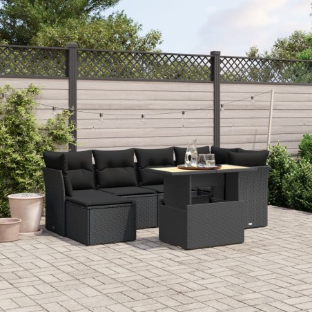 vidaXL Set de comedor de jardín 7 pzas y cojines ratán sintético negro