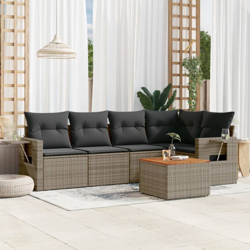 vidaXL Set de muebles de jardín 6 pzas y cojines ratán sintético gris vidaXL Set de muebles de jardín 6 pzas y cojines ratán sintético gris