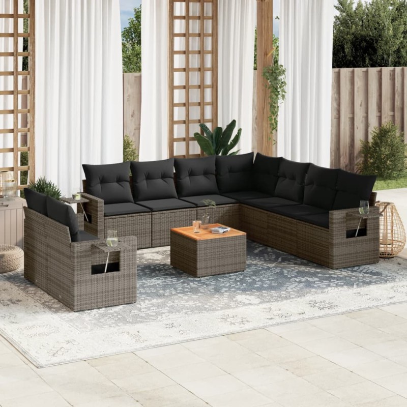 vidaXL Set de sofás de jardín 10 pzas con cojines ratán sintético gris vidaXL Set de sofás de jardín 10 pzas con cojines ratán sintético gris