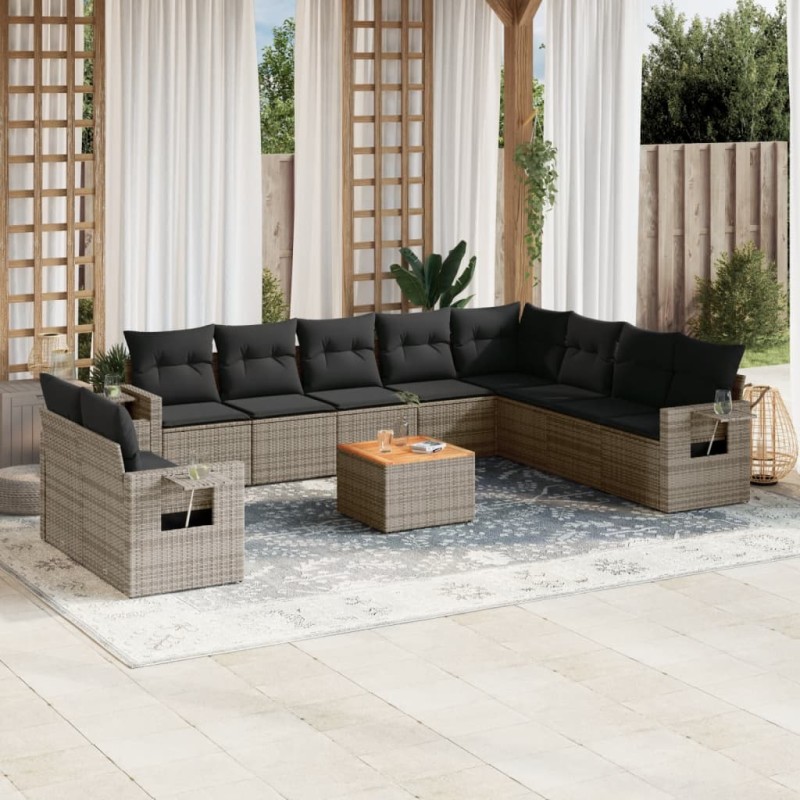 vidaXL Set de sofás de jardín 11 pzas y cojines ratán sintético gris vidaXL Set de sofás de jardín 11 pzas y cojines ratán sintético gris