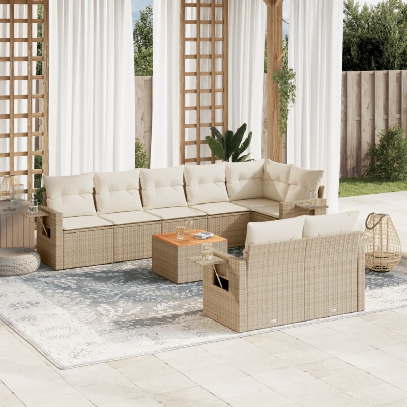 vidaXL Set de sofás de jardín 9 pzas con cojines ratán sintético beige vidaXL Set de sofás de jardín 9 pzas con cojines ratán sintético beige