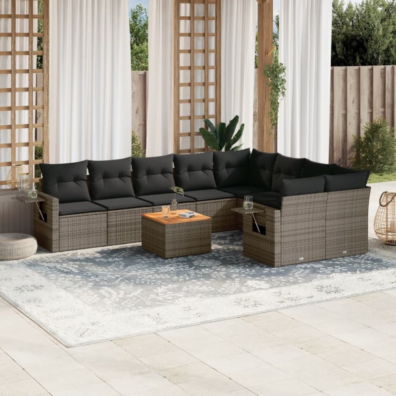 vidaXL Set de sofás de jardín 10 pzas con cojines ratán sintético gris vidaXL Set de sofás de jardín 10 pzas con cojines ratán sintético gris