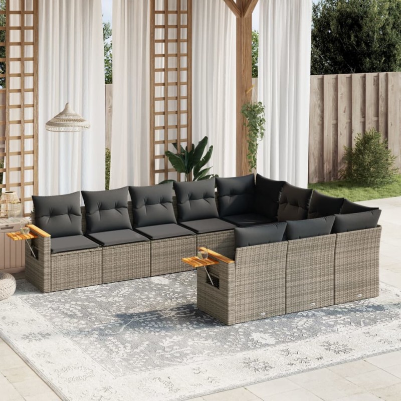 vidaXL Set de sofás de jardín 10 pzas con cojines ratán sintético gris vidaXL Set de sofás de jardín 10 pzas con cojines ratán sintético gris