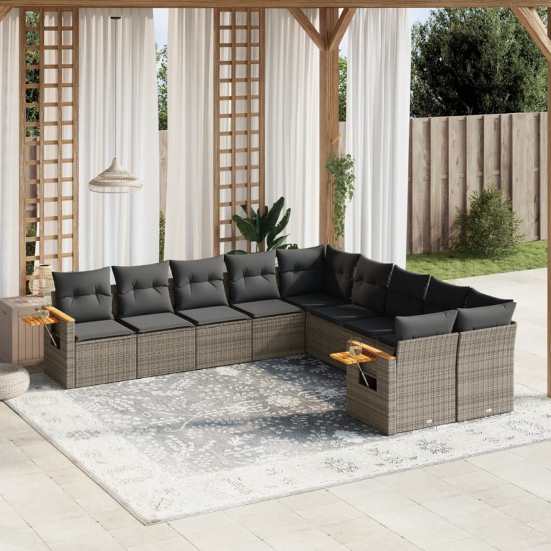 vidaXL Set de sofás de jardín 10 pzas con cojines ratán sintético gris vidaXL Set de sofás de jardín 10 pzas con cojines ratán sintético gris