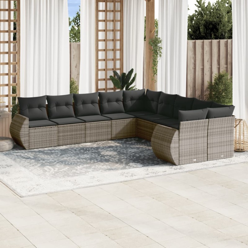 vidaXL Set de sofás de jardín 10 pzas con cojines ratán sintético gris vidaXL Set de sofás de jardín 10 pzas con cojines ratán sintético gris