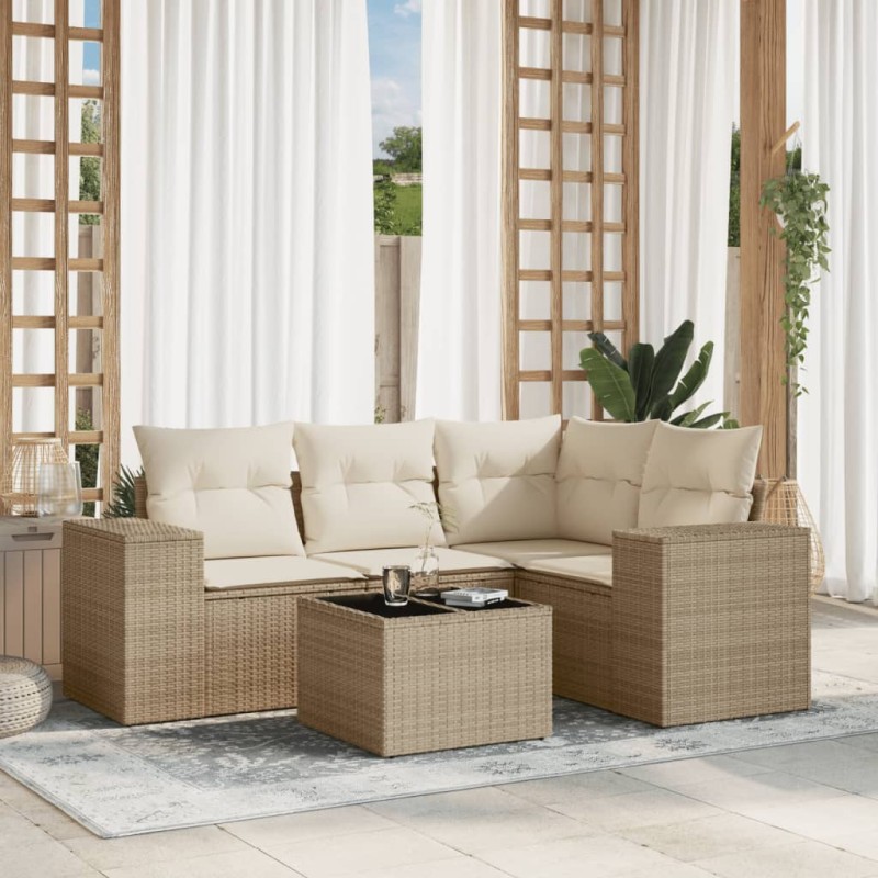vidaXL Juego de sofás jardín con cojines 5 pzas ratán sintético beige vidaXL Juego de sofás jardín con cojines 5 pzas ratán sintético beige