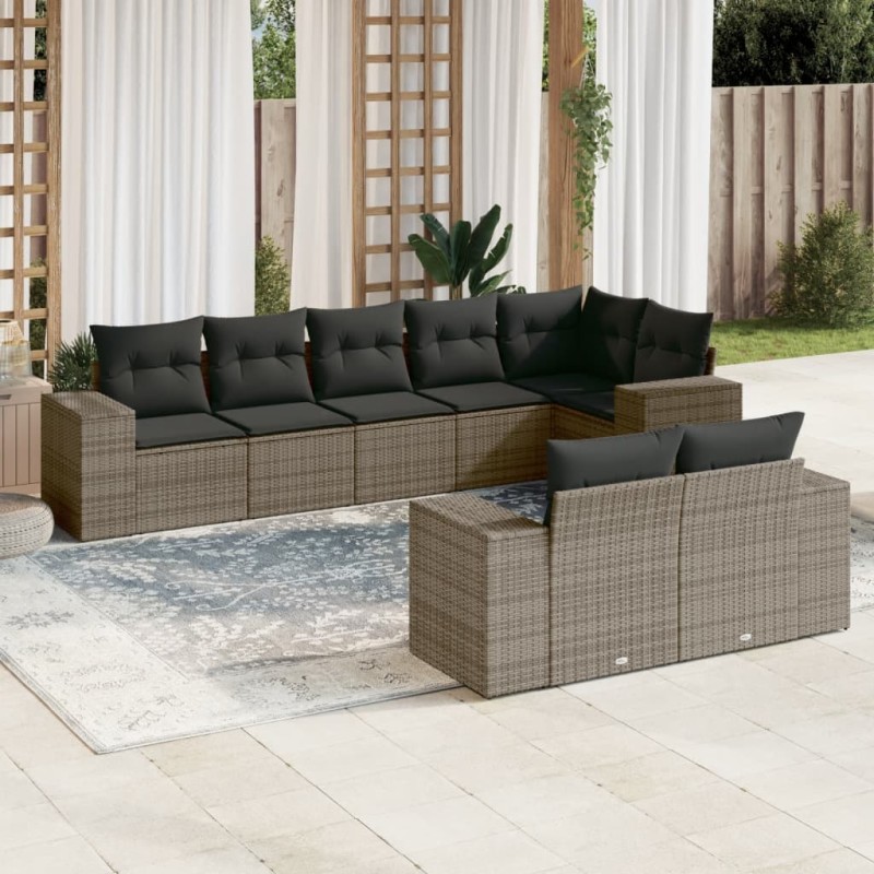 vidaXL Set de sofás de jardín 8 pzas y cojines ratán sintético gris vidaXL Set de sofás de jardín 8 pzas y cojines ratán sintético gris